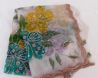 Wedding Dupatta Floral Sequin Beaded Scallop Border