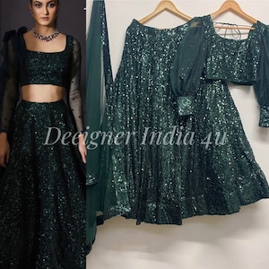 Zielona bluzka Lehenga z cekinami dla kobiet i dziewcząt z długą górą Ghagra choli - Strój szyty na miarę