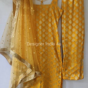 Terno punjabi seda amarela kurti indiano reto Kameez Dupatta vestidos indianos costurados personalizados para meninas e mulheres - roupa feita sob medida