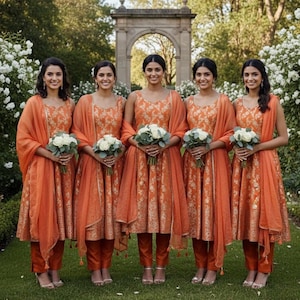 Puede incluir: Cinco mujeres con conjuntos a juego bordados en naranja y dorado, que incluyen vestidos, pantalones y chales, cada una sosteniendo un ramo de flores blancas. Los conjuntos presentan un diseño floral. Están de pie frente a un arco de piedra rodeado de vegetación.