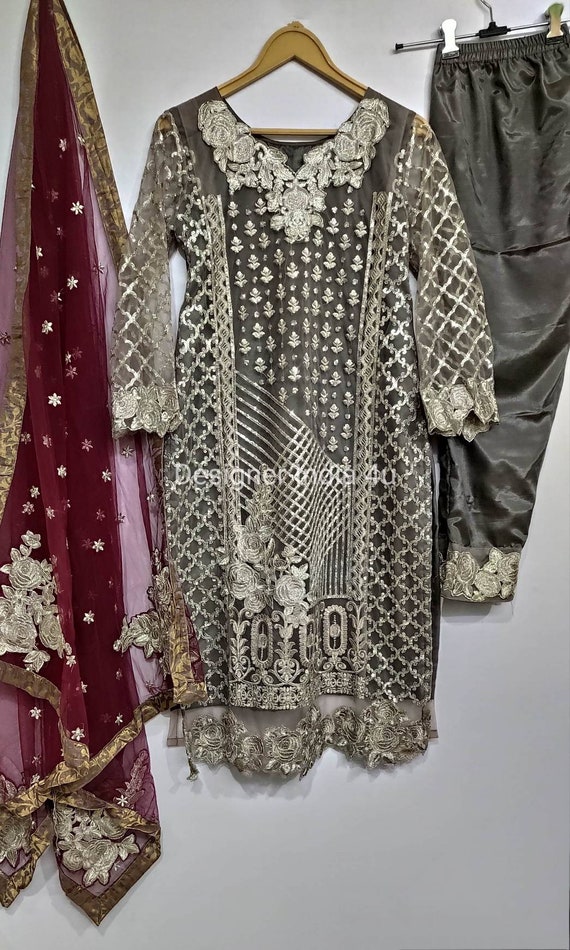 Grey silver Pakistani Salwar Kameez Punjabi Suit Dupatta | Etsy
