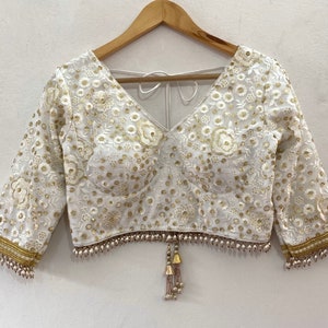 Indian Designer White Embroidered Blouse for women party wear saree blouses custom stitched Lehenga Top