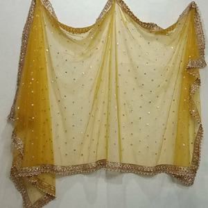 Lemon Yellow Dupatta with Sequin Embellishments & Silver Border