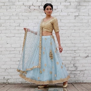 Sky Blue Lehenga with Gold Sequin Embroidered Blouse Custom Wedding Outfit image 1