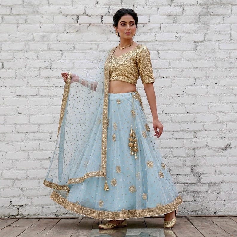Sky Blue Lehenga with Gold Sequin Embroidered Blouse Custom Wedding Outfit image 1