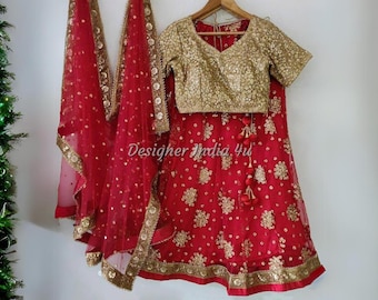 Rote Hochzeit Lehenga: Gold Pailletten Besticktes Braut Outfit - Individuell genäht