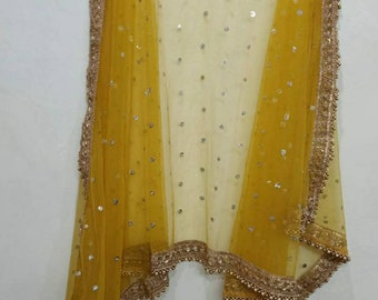 Mustard yellow dupatta with silver sequines embroidered net chunni for salwar kameez lehenga