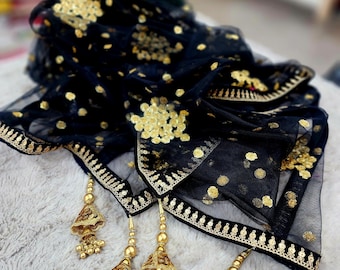 Dupatta nero da donna, velo Lehenga in rete con bordo dorato, sciarpa/stola da festa pakistana
