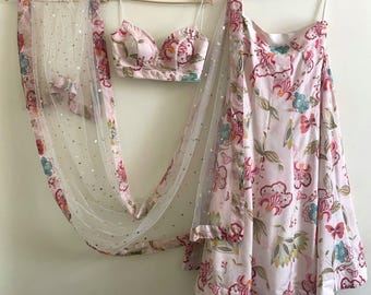 Floral Lehenga Blouse Embroidered Spaghetti Top with Net Dupatta - Custom Made