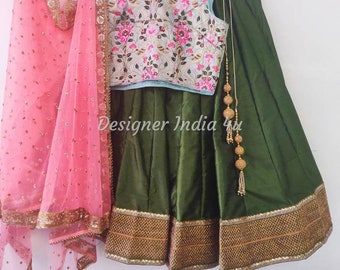 Raw silk lehenga blouse green for women wedding party wear mehndi outfit - Made to measure outfit