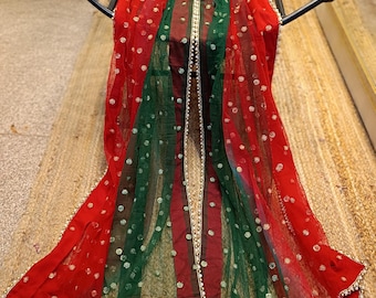 Ombre dupatta green with red color Indian designer shawl for lehenga