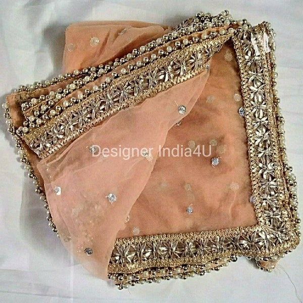 Indian pakistani designer dupatta stole scarves peach net silver sequin embroidered