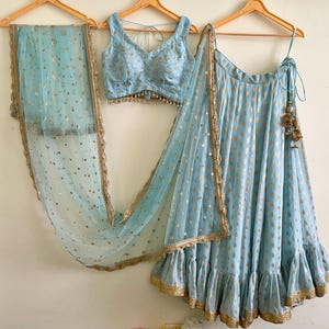 Blue Georgette Lehenga Set: Gold Zari Embroidery, Sequin Net Dupatta
