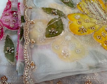 Dupatta with Sequin Embroidery & Scalloped Beaded Border - Multicolored Indian Wedding Scarf