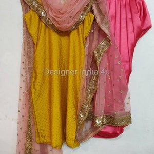 Amarelo rosa patiala salwar kameez terno bordado pesado dupatta indiano étnico designer festa vestir vestido costurado personalizado para mulheres meninas