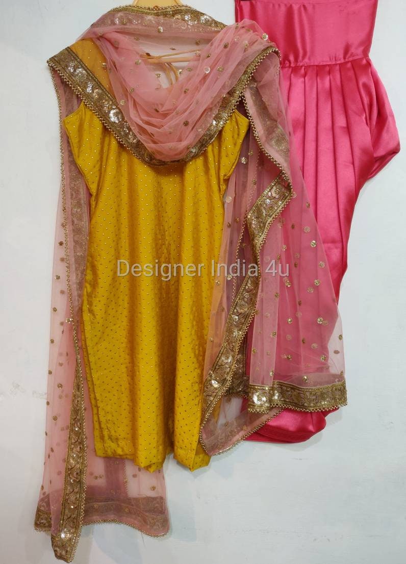 Yellow tissue chanderi short kurta and salwar with floral embroidery a –  Sohni