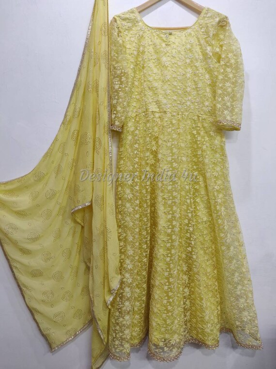 Yellow Color Anarkali Salwar Kameez Suit Thread Embroidered - Etsy