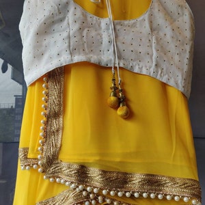 Pu&ograve; includere: Un sari di chiffon giallo con una blusa bianca ricamata. Il sari ha un bordo dorato e perlato.
