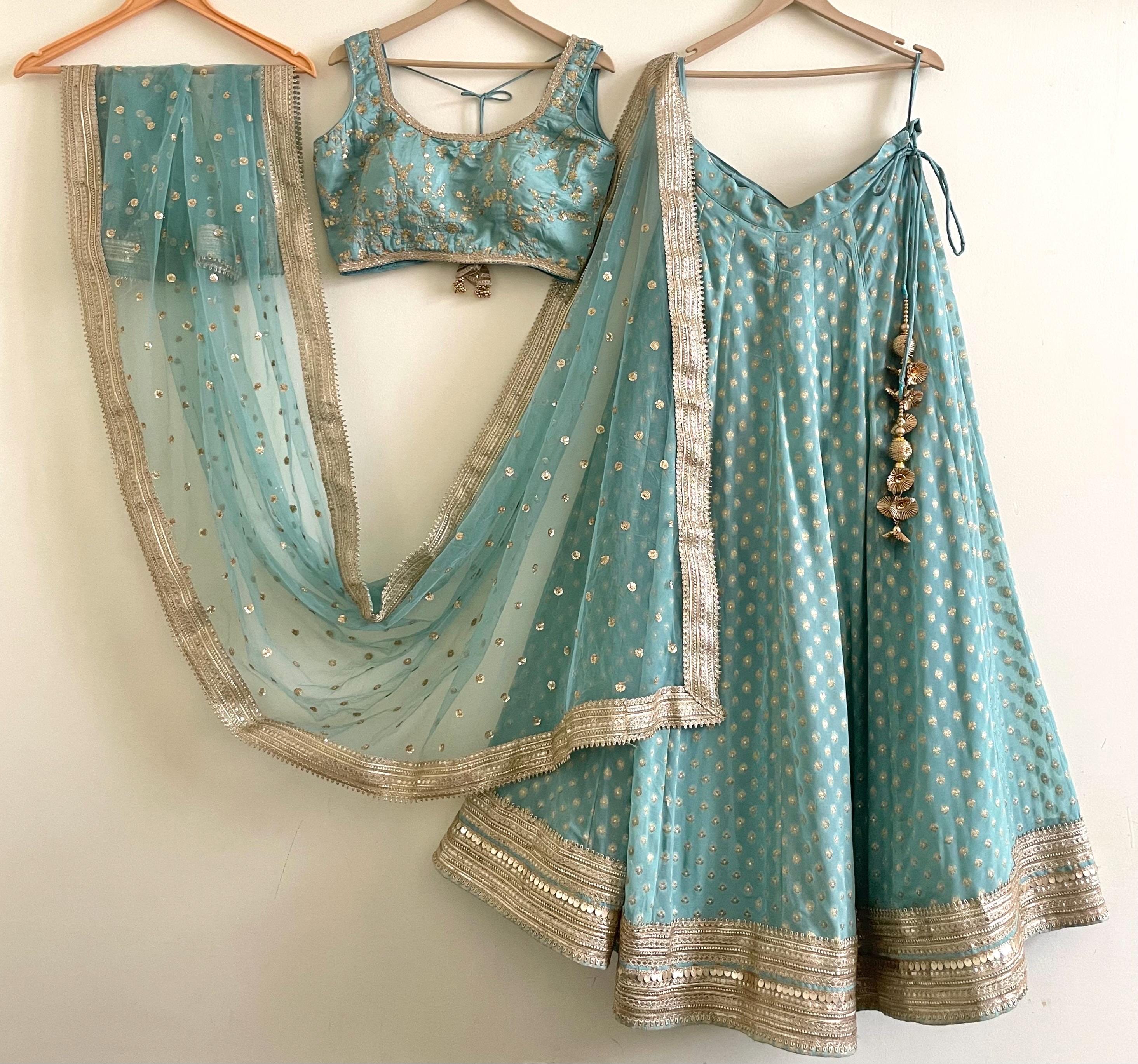 Lehenga Choli in seta verde salvia – Abito da sposa indiano con ricamo Resham in paillettes