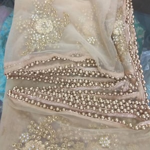 Champagne Gold Net Dupatta with Heavy Pearl Border & Stone Work Embroidery – Nikkah Veil Bridal Dupatta, Wedding Veil, Indian Ethnic Scarf,