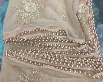 Champagne Gold Net Dupatta with Heavy Pearl Border & Stone Work Embroidery – Bridal Dupatta, Wedding Veil, Indian Ethnic Scarf, Custom Size