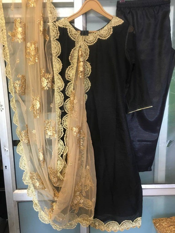 Black Salwar Kameez Suit Golden Embroidered Net Dupatta Indian | Etsy