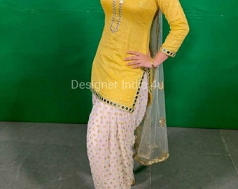 Yellow punjabi suit patiala salwar kameez georgette mirror embroidery dresses custom stitched outfit for women and girls