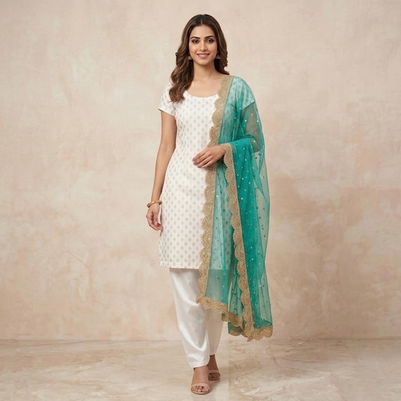 White Silk Salwar Kameez with Green Net Dupatta fo Women