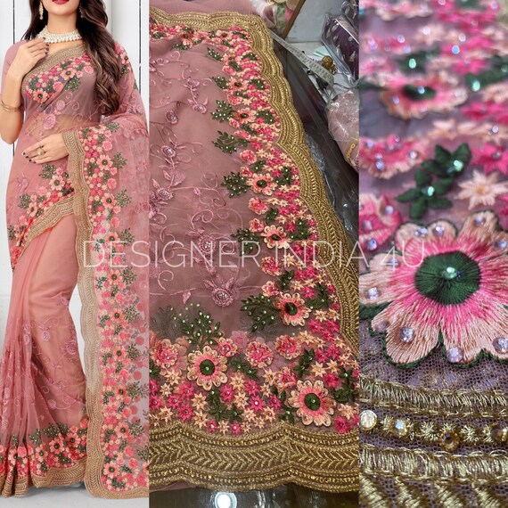 Women's Net Embroidery Saree Blouse Designer Traditional Wedding Party Wear Sari 