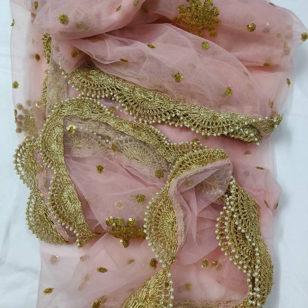 Écharpe de cérémonie rose dupatta pour femme en filet brodé