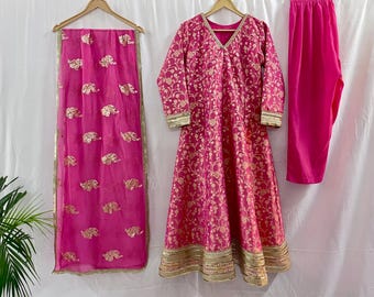 Pink Embroidered Tissue Silk Anarkali Suit | Elegant Ethnic Wear | Wedding & Festive Outfit