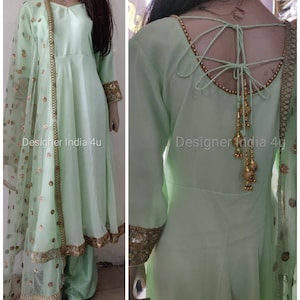Custom Stitched Mint Green Anarkali Dress: Georgette Kurti, Net Dupatta