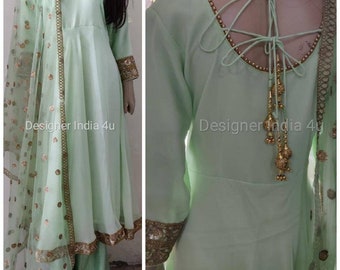 Custom Stitched Mint Green Anarkali Dress: Georgette Kurti, Net Dupatta
