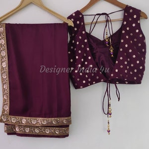 Wine Color Saree Blouse Indian ethnic designer uppada silk exclusive made to order new sari for women girls party wear bridesmaid dress image 4