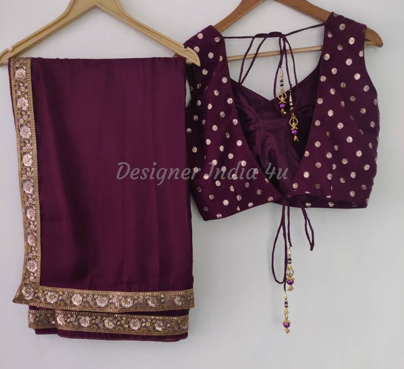 Wine Color Saree Blouse Indian ethnic designer uppada silk exclusive made to order new sari for women girls party wear bridesmaid dress image 4