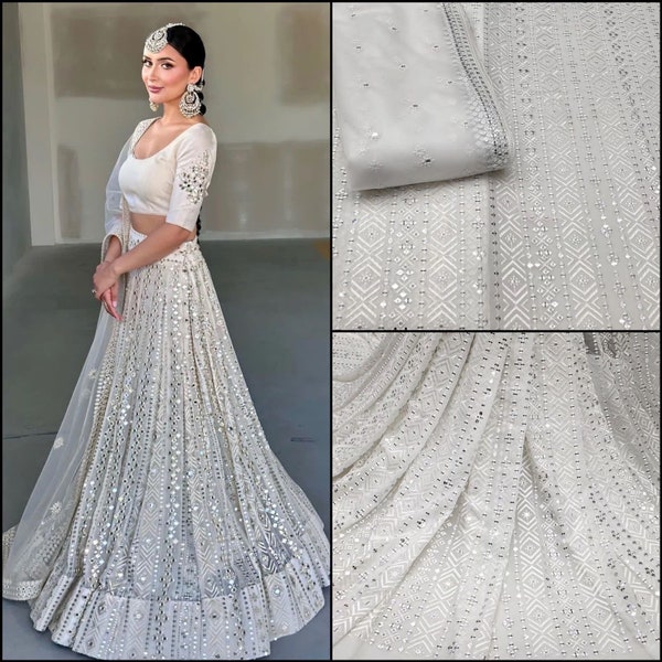 White Georgette Lehenga choli blouse for women designer wedding wear mirror embroidery chaniya choli function Lehnga reception dress