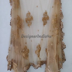 Designer Indian traditional golden dupatta chunni stole scarves embroiderd net for lehenga suit salwar kameez for women and girls party wear