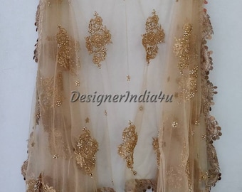 Designer Indian traditional golden dupatta chunni stole scarves embroiderd net for lehenga suit salwar kameez for women and girls party wear