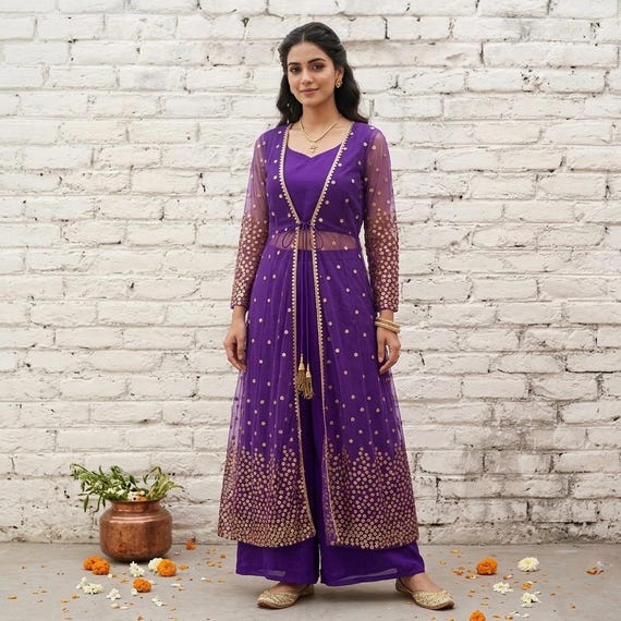 party dresses with palazzo Purple and Gold Gown Party Wear Palazzo Dress for Women