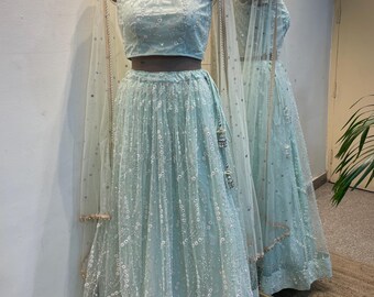 Light Blue Embroidered Net Lehenga Choli, Indian Party Outfit