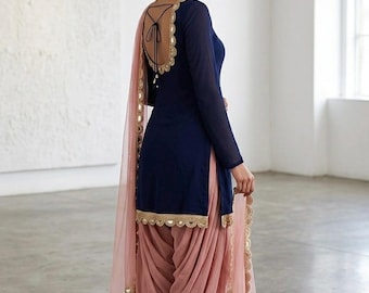 Trajes Punjabi Patiala Salwar Kameez Azul con Rosa