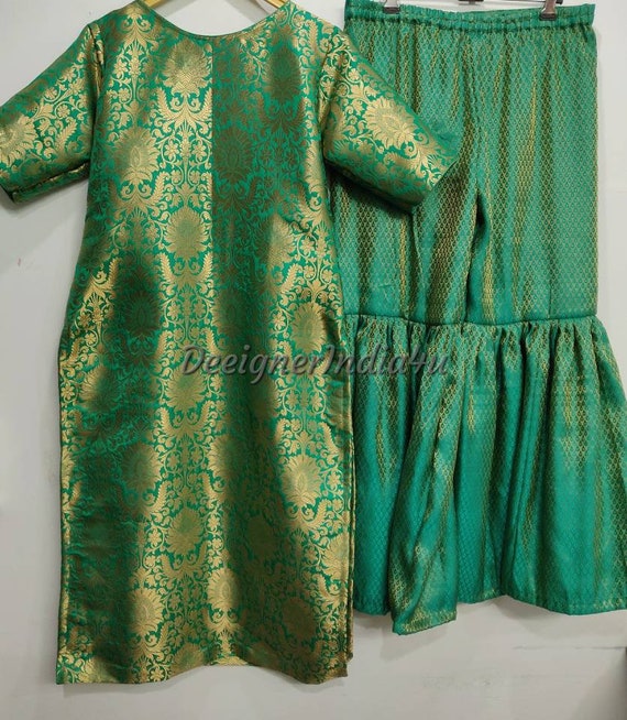 Ready to Wear Green Jamawar Silk Salwar Kameez: Brocade Palazzo Suit