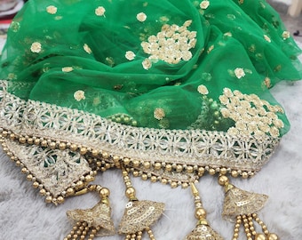 Green Dupatta with Jewels for Indian Lehenga, Jeweled Emerald Nikkah Veil, Bridal Chunni Scarf