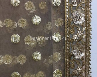 Embroidered Net Bridal Dupatta: Dull Gold Sequin Chunni Stole