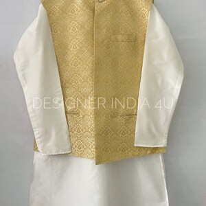 May include: A white kurta with long sleeves and a gold brocade waistcoat. The waistcoat has a mandarin collar and a button closure. The text "DESIGNER INDIA 4U" is visible on the image.