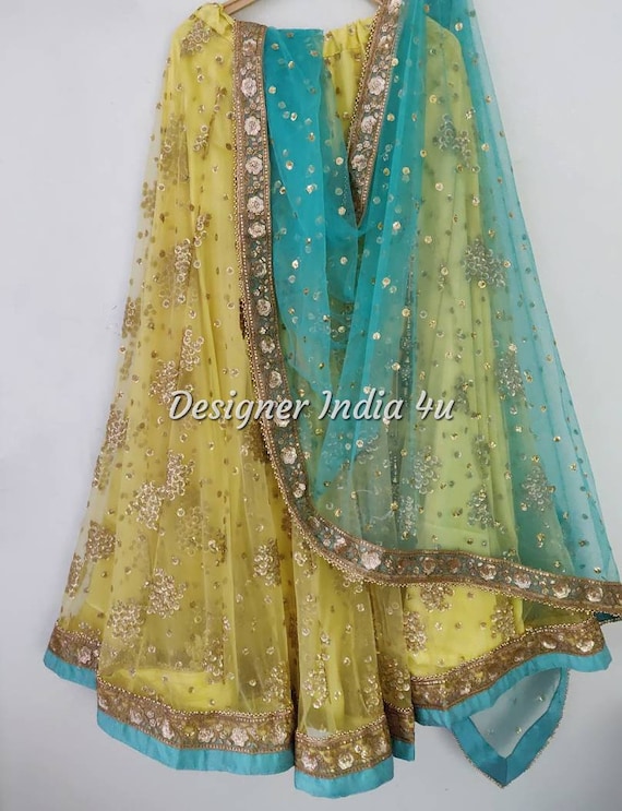 Yellow with Turquoise Green Heavy Embroidered Wedding Mehndi Party Wear Lehenga Choli Dupatta Custom made lengha girls women made to measure