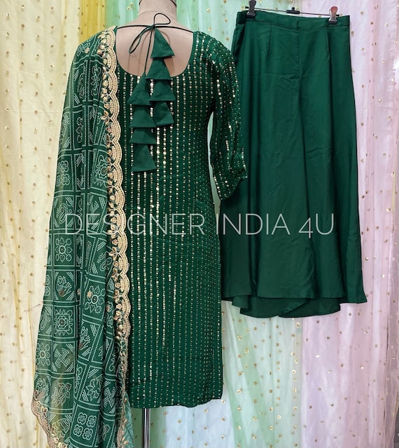 Green Punjabi Suit With Bandhni Dupatta Salwar Kameez Women Indian