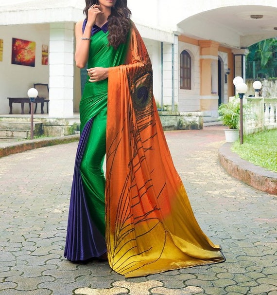 Designer Indian Peacock Motif Pallu Saree Green Color Custom Stitched Blouse Satin Silk New Sari Blouse Petticoat for women and girls