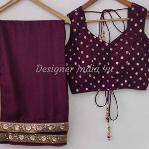 Wine Color Saree Blouse Indian ethnic designer uppada silk exclusive made to order new sari for women girls party wear bridesmaid dress image 3