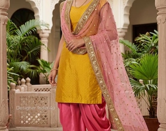 Patiala Salwar Kameez Suit: Yellow Georgette, Pink Dupatta Custom Stitched Outfit